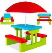 Picknicktafel Kinderen - Speeltafel - Zandtafel - Kinder Tuinset - Houten Bankje - Camping - Groen Rood en Blauw