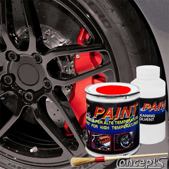 Laque résistante à la chaleur pour étriers de frein ROUGE 100 ml + produit de nettoyage + brosse. Résistant à la chaleur jusqu'à environ 600 degrés Celsius.