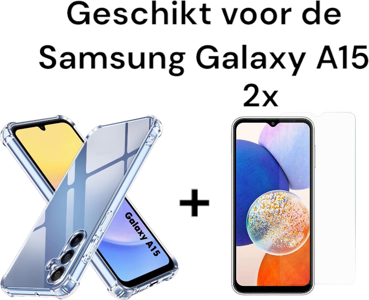 Samsung galaxy A15 transparant antishock backcover + 2x screenprotector | Samsung galaxy A15 doorzichtig hoesje met extra randjes + 2x tempered glas protectie