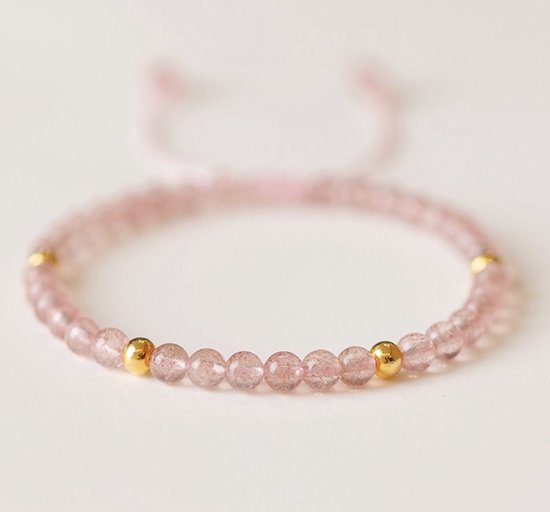 natuursteen kralen armband 3mm dames Sophie Siero Stonezz - Aardbei rozenkwarts kralenarmband rood natuursteen verstelbaar - met geschenkverpakking -