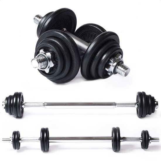 Foto: Tunturi halter en dumbells gietijzer halterset 20 kg halterstang met gewichten barbell set schroefsluiting 30 mm anti slip grip