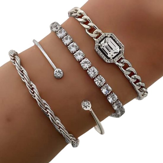 Armbanden set dames Zilver kleurig staal - Armband Dames - Armband met diamant - Diamantjes armband dames zilver kleurig - Armband dames - Armbanden set - Armbanden sets - Zilveren armband staal