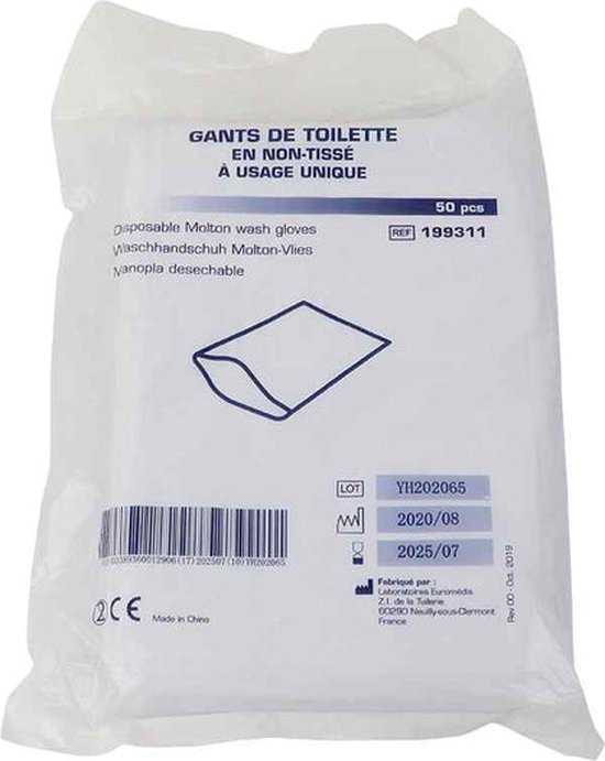 Gant de toilette jetable, polaire, 80gr, blanc - pack économique 5 x 50 pièces