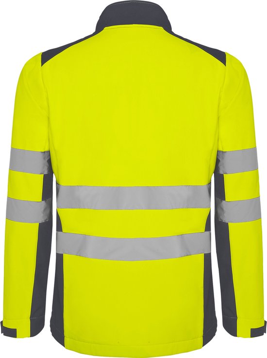 Achterkant van een fluorgele softshell jas met grijze accenten op de schouders en zijkanten. Twee horizontale reflecterende strepen op de mouwen en romp.