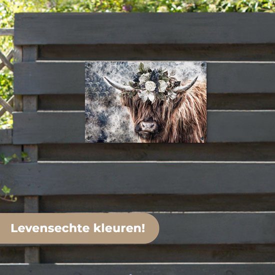 Décoration de jardin montagnard écossais - Fleurs - Brume - 60x40 cm - Affiche de jardin - Toile de jardin - Affiche d'extérieur