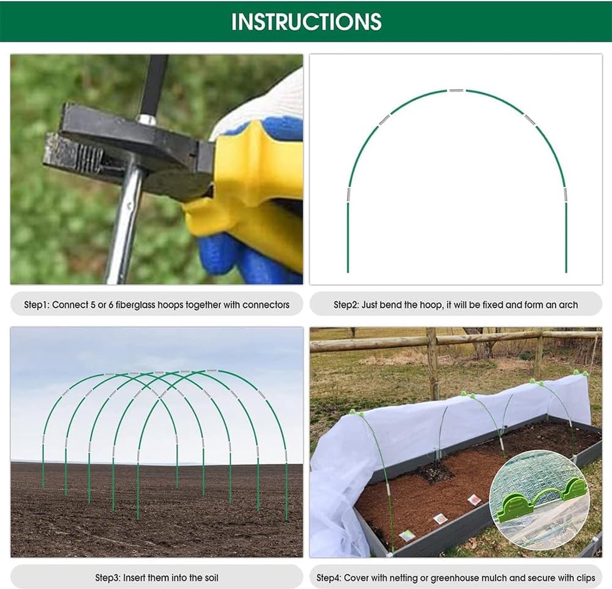 Plantentunnel Set – 30 Stuks Bogen, Glasvezel, Met Pennen En Clips, Voor Verhoogde Bedden En Moestuin