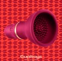 Bordeauxrode vibrator met gouden ring, getoond op een achtergrond van harten en pijlen.