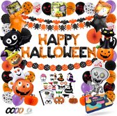 Fissaly 89 Stuks Halloween Decoratie Set – Griezelige Feest Versiering met Slingers & Ballonnen – Accessoires voor Themafeest- Feestversiering met vleermuis, spook, skelet, pompoen, heks & photobooth props