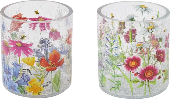 Supervintage set van 2 glazen waxinelicht houders met bloemen print 9 x 10 cm