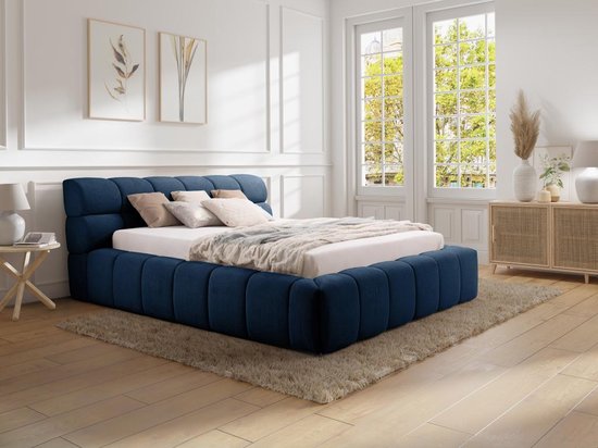 PASCAL MORABITO Bed met opbergruimte 180 x 200 cm - Stof - Donkerblauw + matras - FORVIK II van Pascal Morabito L 224 cm x H 95 cm x D 255 cm