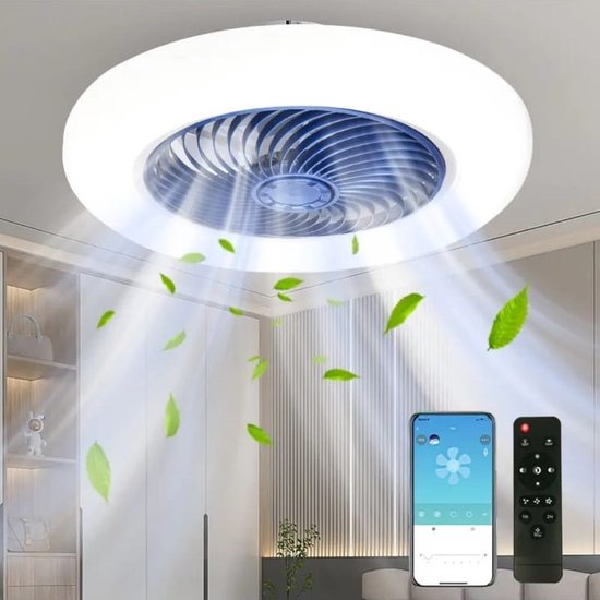 LuxiLamps - Smart Lamp Ventilator - Met Afstandsbediening en APP - Plafondventilator - 45 cm - Blauw - Keuken Lamp - Woonkamerlamp - Moderne lamp