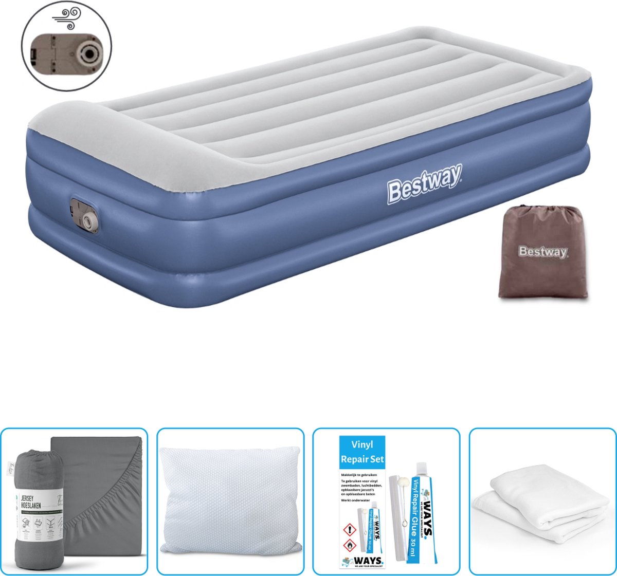 Bestway luchtbed - 1-Persoons - 97 x 191 x 46 cm - Grijs/Blauw - Inclusief pomp - Hoeslaken - Kussen - Kussenbeschermer en Reparatieset