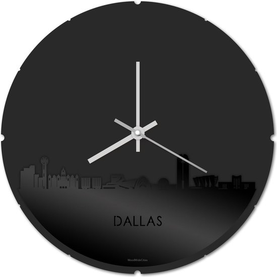 Skyline Klok Rond Dallas Zwart Glanzend - Ø 44 cm - Stil uurwerk - Wanddecoratie - Meer steden beschikbaar - Woonkamer idee - Woondecoratie - City Art - Steden kunst - Cadeau voor hem - Cadeau voor haar - Jubileum - Trouwerij - Housewarming -