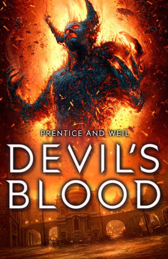 Boekcover met een demonisch figuur dat oprijst uit vlammen boven een stad met bogen. Tekst: DEVIL'S BLOOD.