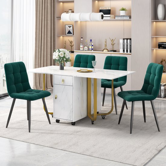 Ensemble table à manger avec 4 chaises, table pratique, table à manger extensible, pliable, table 150 x 80 x 76 cm, chaises de salle à manger en velours vert, plateau de table en MDF blanc, pieds dorés