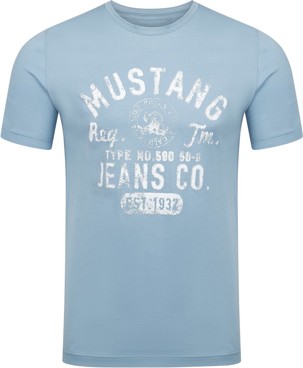 Mustang Heren T-Shirt Basic Print Tee regular fit Blauw XXL Ronde Hals Volwassenen Opdruk Print Shirts