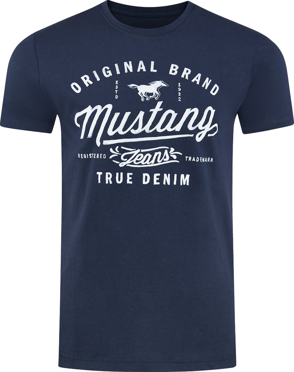 Mustang Heren T-Shirt Basic Print Tee regular fit Blauw S Ronde Hals Volwassenen Opdruk Print Shirts