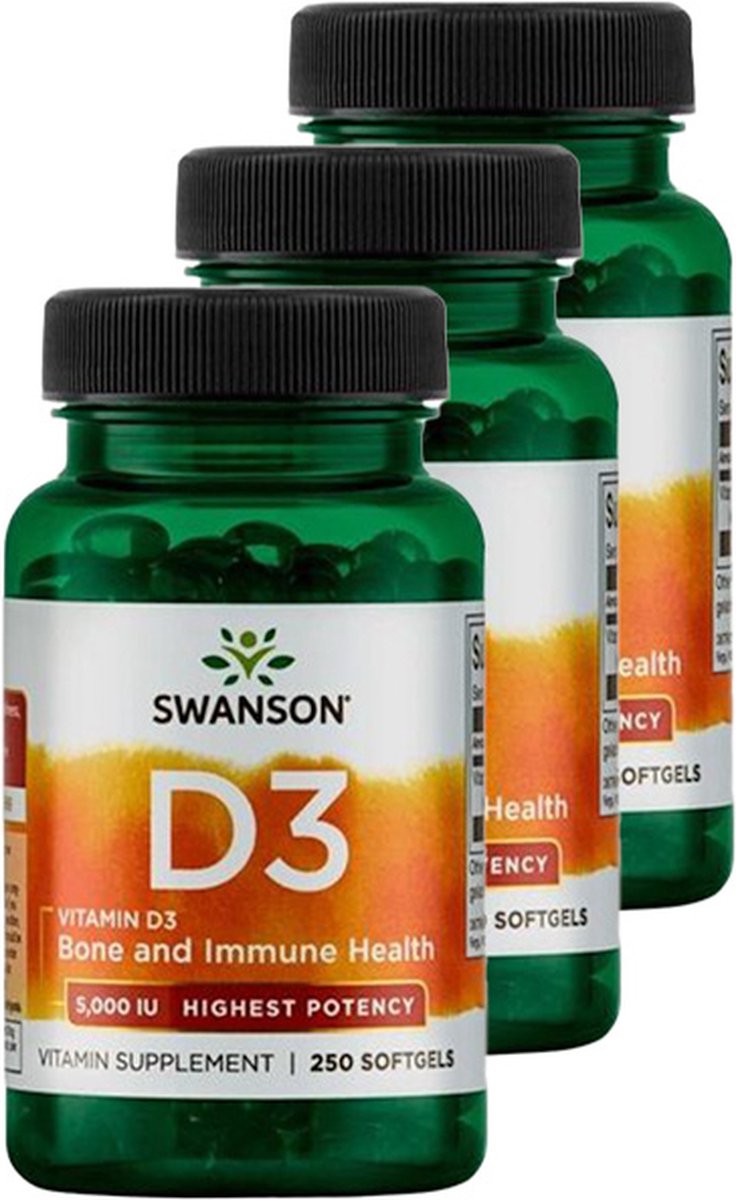 Goedkoopste Swanson | Vitamine D3 5000 IE | 250 Softgels | 3 stuks | 3 x 200 gram