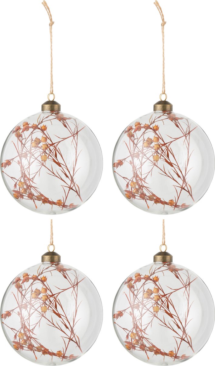 Kerstbal met gedroogde bloemen in glas, transparant/roest, groot formaat, verpakt in doos van 4 - J-Line.