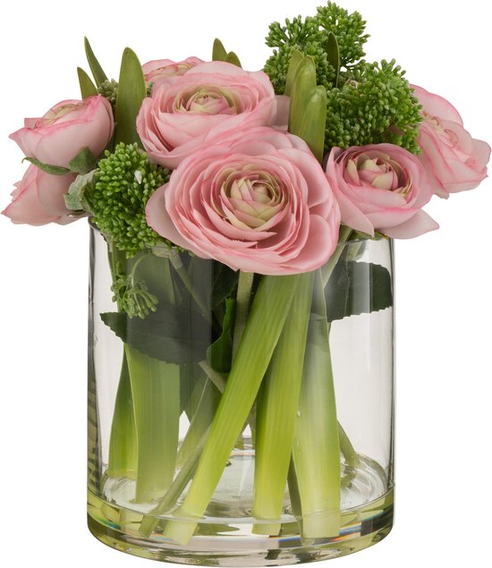 J-Line Renoncule Dans Vase Plastique Verre Rose/Vert Large