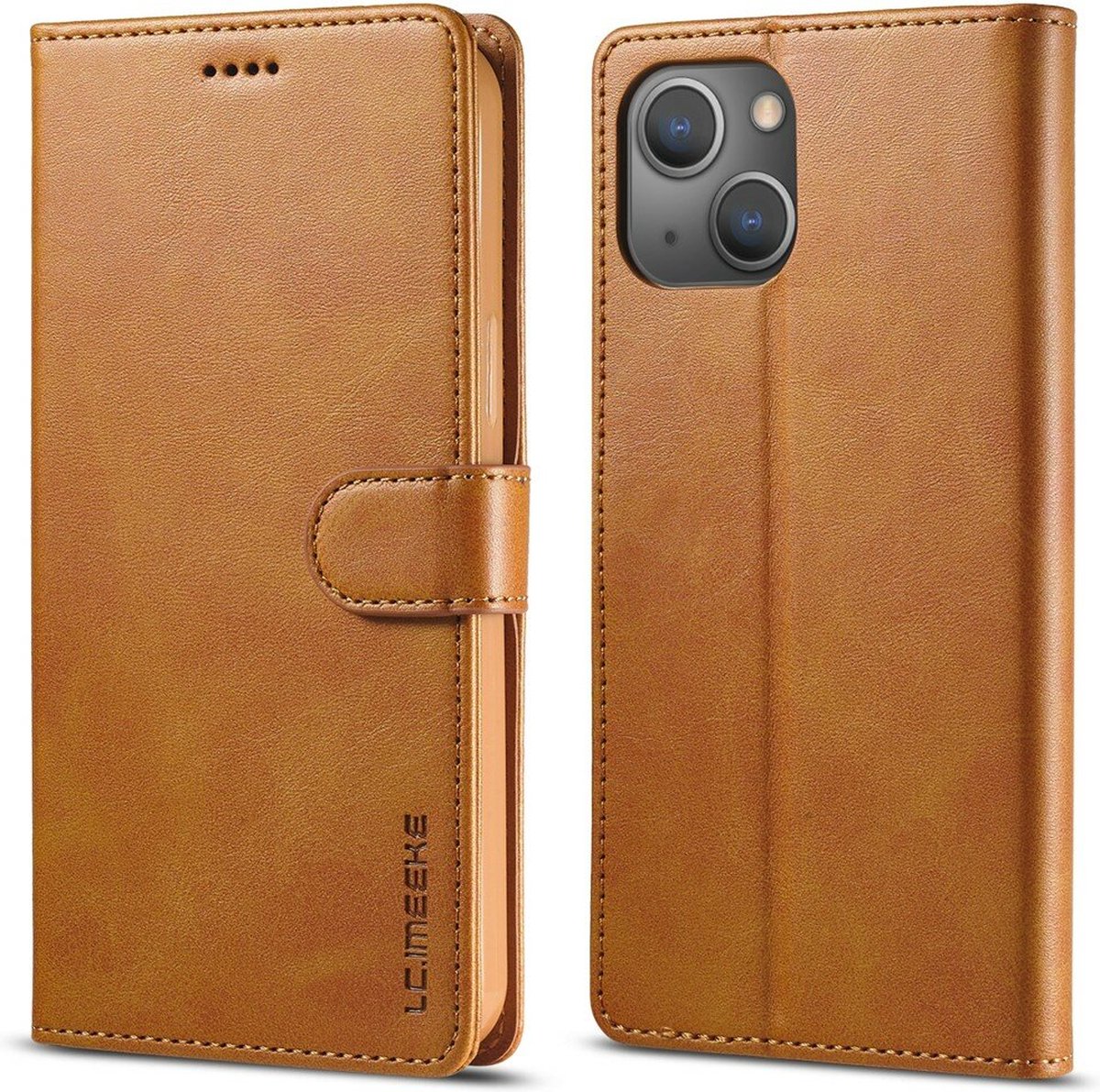 LC.IMEEKE Wallet Case Portemonnee Hoesje voor iPhone 15 Plus- Chic Cognac Bruin