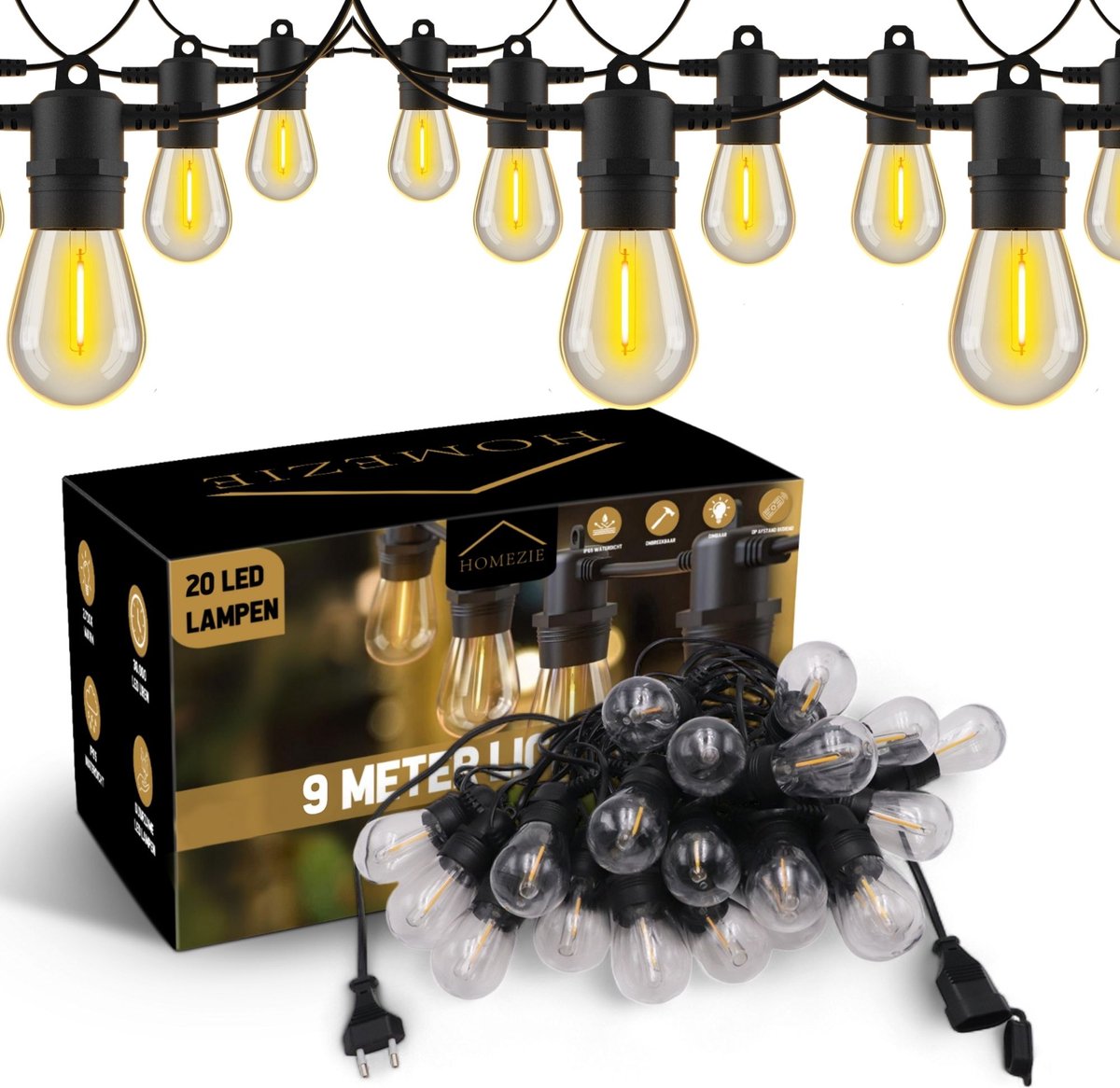 Homezie Lichtsnoer | 9 meter met 20 Kunststof S14 LED lampen | IP65 Waterdicht | Warm wit | Koppelbaar & Dimbaar | Tuinverlichting