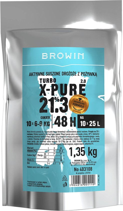 Browin Turbo X-Pure gist 1,35 kg met gedetailleerde instructies op de verpakking.