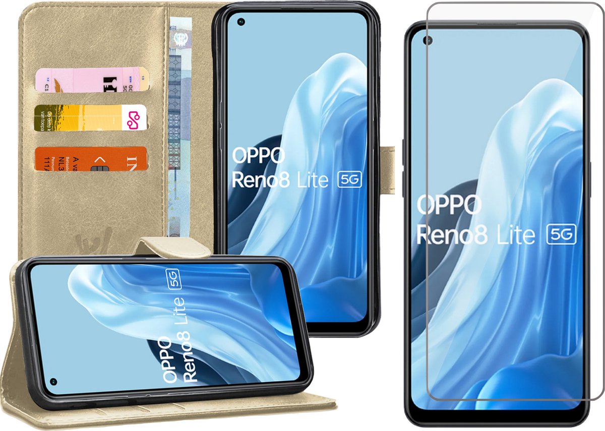 Hoesje geschikt voor Oppo Reno 8 Lite - Screenprotector Glas - Portemonnee Book Case Goud