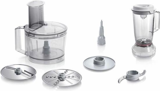 Accessoires van een Bosch keukenmachine: kan, snijbladen, opzetstuk en mesjes.