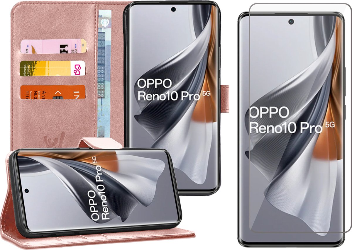 Hoesje geschikt voor Oppo Reno 10 / 10 Pro - Screenprotector Glas - Portemonnee Book Case Rosegoud