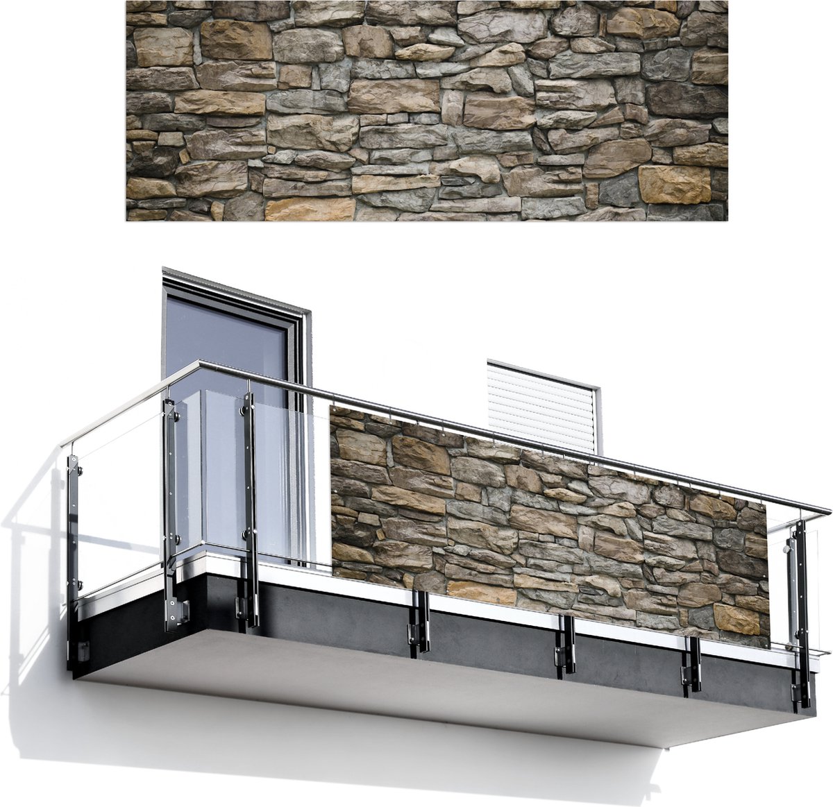 Balkonscherm 300x110 cm - Balkonposter Stenen - Steenoptiek - Grijs - Balkon scherm decoratie - Balkonschermen - Balkondoek zonnescherm