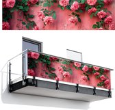 Balkonscherm 300x85 cm - Balkonposter Roze - Bloemen - Rozen - Bladeren - Balkon scherm decoratie - Balkonschermen - Balkondoek zonnescherm