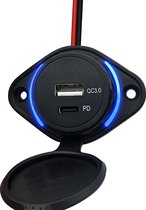 12V USB C Autolader 2 Poorten Opbouw - QC3.0 - QT037-2 - USB Stopcontact Auto, Boot en Camper - Blauw