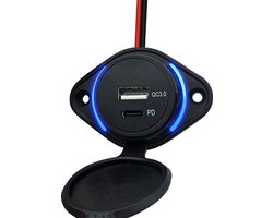 12V USB C Autolader 2 Poorten Opbouw - QC3.0 - QT037-2 - USB Stopcontact Auto, Boot en Camper - Blauw