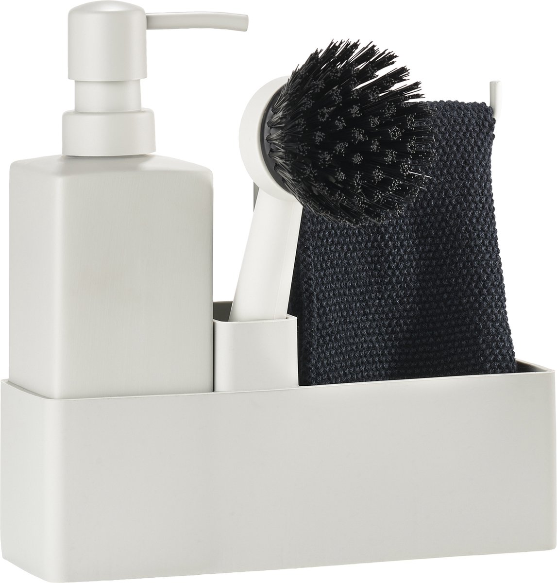 Goedkoopste Zone Denmark Afwasset 19 x 6 x 20,5 cm met vaatdoekje, keramieke zeepdispenser, afwasborstel en keukenorganizer- 4 stuks Warm Grey - afwas set