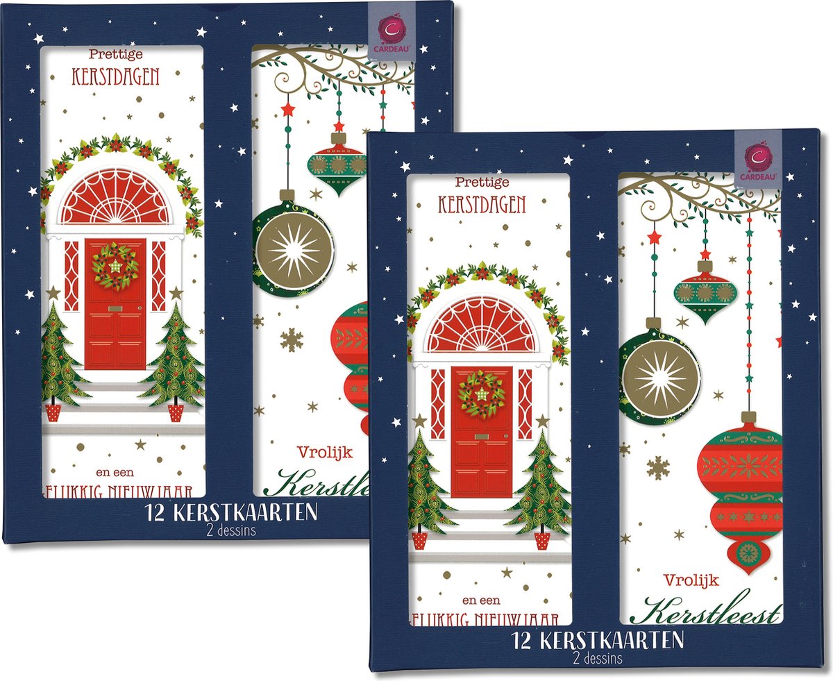 Cardeau - 24 dubbele Kerstkaarten en Nieuwjaarskaarten - 2 doosjes - 2 motieven - Foliedruk - 8 x 20 cm