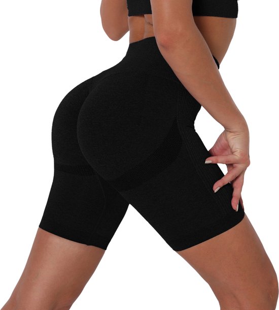 High waist Fitness short - Maat M - Zwart - Sport legging dames kort - Sportbroekje - Gym short - sportkelding dames - high waist - scrunch sport broekje - fitness short - gym short - yoga short - sportkleding dames