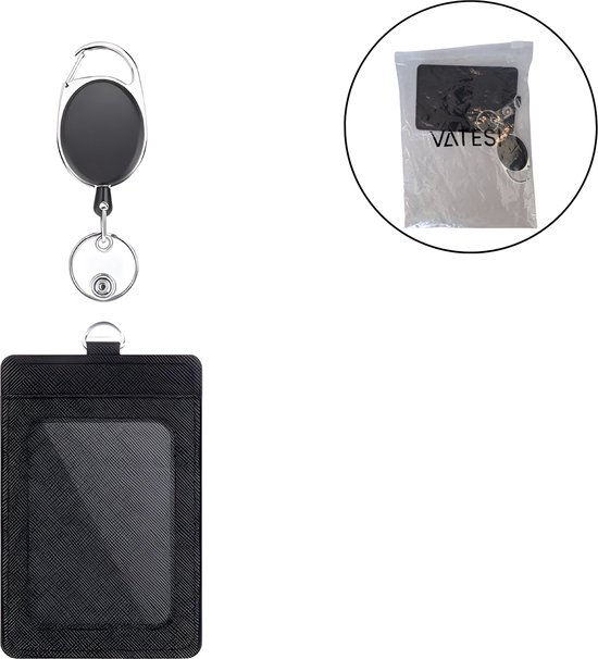 Porte-carte noir avec porte-clés rétractable et un sac contenant plusieurs mousquetons.