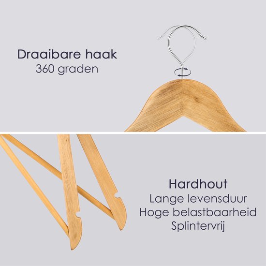 Behave Cintres en bois - Cintre - Porte-manteau - Encoche - Barre à pantalons - Crochet en métal - Adultes - Naturel - 20 pièces