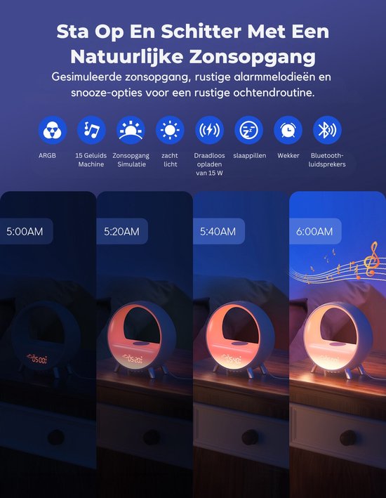Réveil Lumière Du Soleil Inga Smart - Simulation Aube Et Crépuscule - Haut-Parleur Bluetooth - Chargeur Sans Fil