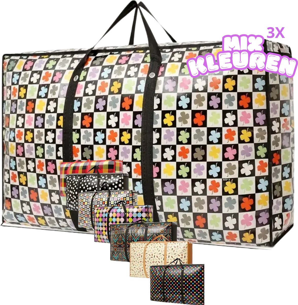 De Snuffelaar Opbergtas Mega XL 3 Stuks Happy Color Grote Tas Mix 60x45x22cm met rits BIG Shopper- Boodschappentas Reistas Waszak 3 Verschillende Opdrukken