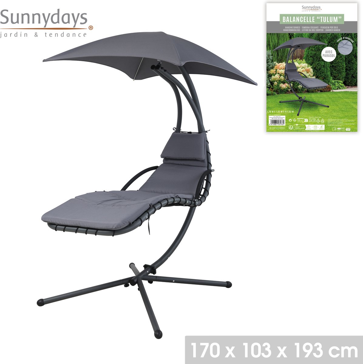 TULUM – 3-in-1 hangstoel voor de tuin met zonnescherm – 103 × 170 × H193 cm – buiten