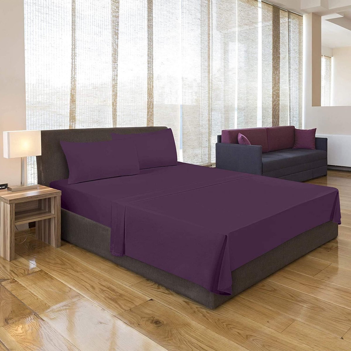 4 Stuk Bedlakenset - Eenvoudig Onderhoud Zacht Geborstelde Microvezel Stof, 1 Vlakke Laken, 1 Hoeslaken met 2 Kussensloop, Krimp en Vervaagt Bestand - (Voor Beddenmaat 135 x 190 cm, Paars)