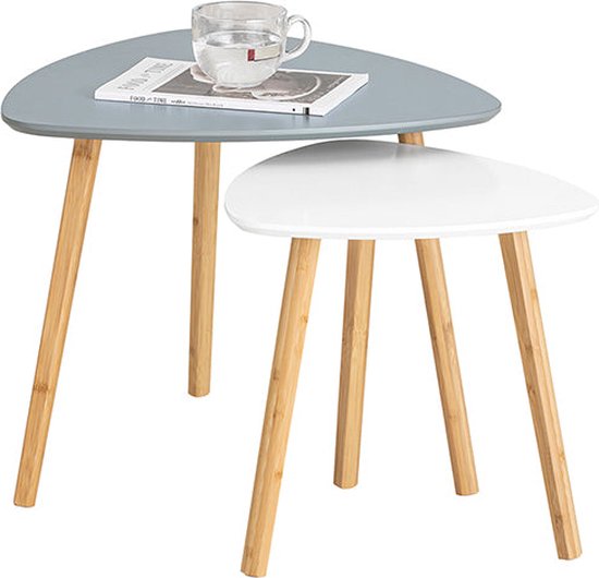 Rootz 2-delige bijzettafelset - bijzettafel - salontafel - MDF en bamboe - veelzijdig gebruik - ruimtebesparend ontwerp - lichtgrijs-wit - 55 cm x 45 cm x 53 cm en 40 cm x 40 cm x 38 cm