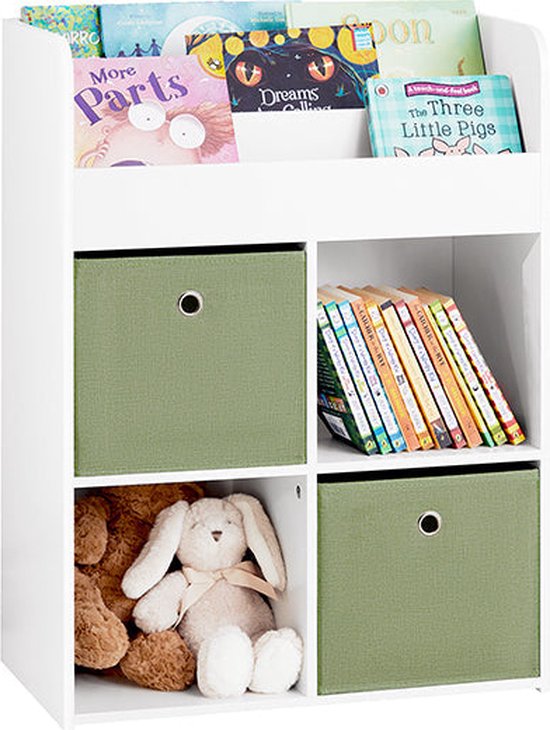 Bibliothèque pour enfants Rootz avec 2 boîtes en tissu - Étagère à jouets - Support de rangement - Construction en MDF - Verrouillage d'inclinaison mural - Conception peu encombrante - 60 cm x 36 cm x 20 cm