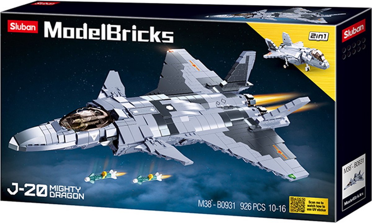 Sluban ModelBricks J-20 Fighter Mighty Dragon bouwspeelgoed vanaf 10 jaar – constructiespeelgoed modelbouw – bouwdoos met 926 bouwstenen – M38-B0931 — afbeelding 2