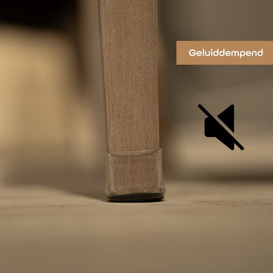 Transparante stoelpootbeschermer met 'Geluiddempend' tekst en een geluidloos-icoon.