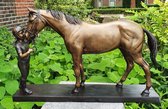 Tuinbeeld - bronzen beeld - Meisje met paard op marmer voet - Bronzartes - 37 cm hoog