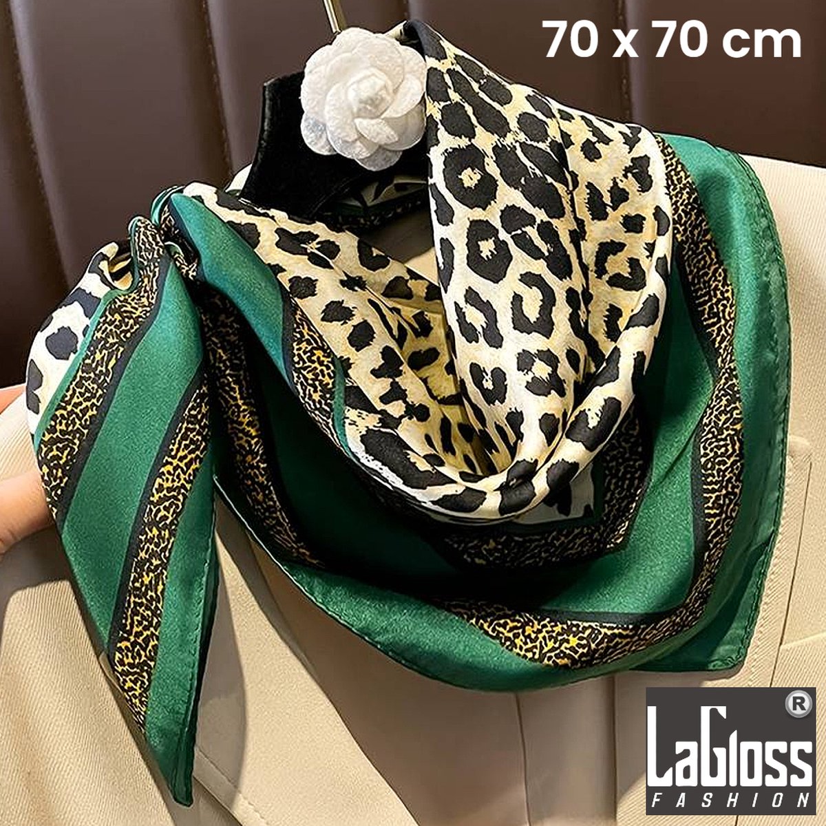 LaGloss® Luxe Vintage Sjaal Luipaard Groen - Winddicht & Zonbeschermend - Hoofddoek - Haar accessoire - Groen Bruin Kleurblok - Vierkant - 70 x 70 cm %%