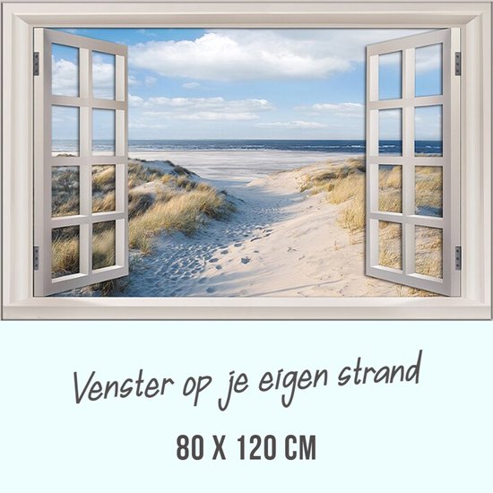 Allernieuwste.nl® Canvas Schilderij Extra Venster met Uitzicht op het Strand - Kleur - Realistische Muurversiering XL - 80 x 120 cm